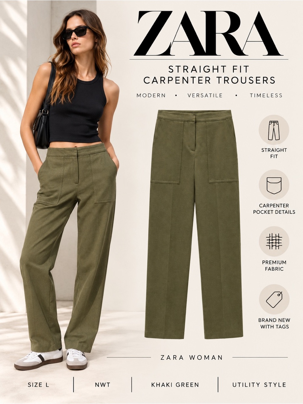 ZARA Khaki Straight Fit Carpenter Trousers Utility Pants NWT Size L